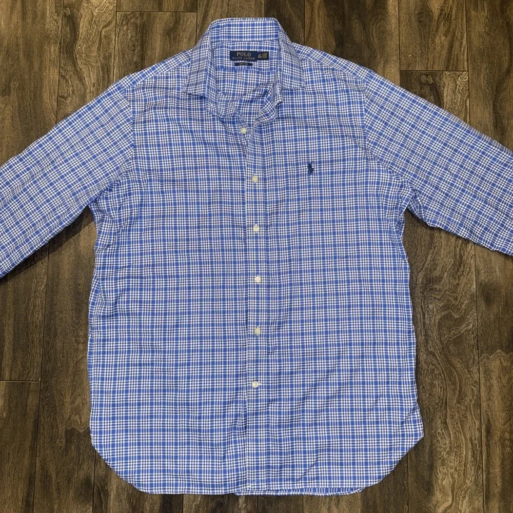 Polo Ralph Lauren‎ Plaid Button-Down Long Sleeve Shirt Blue Easy Care Men's Sz L